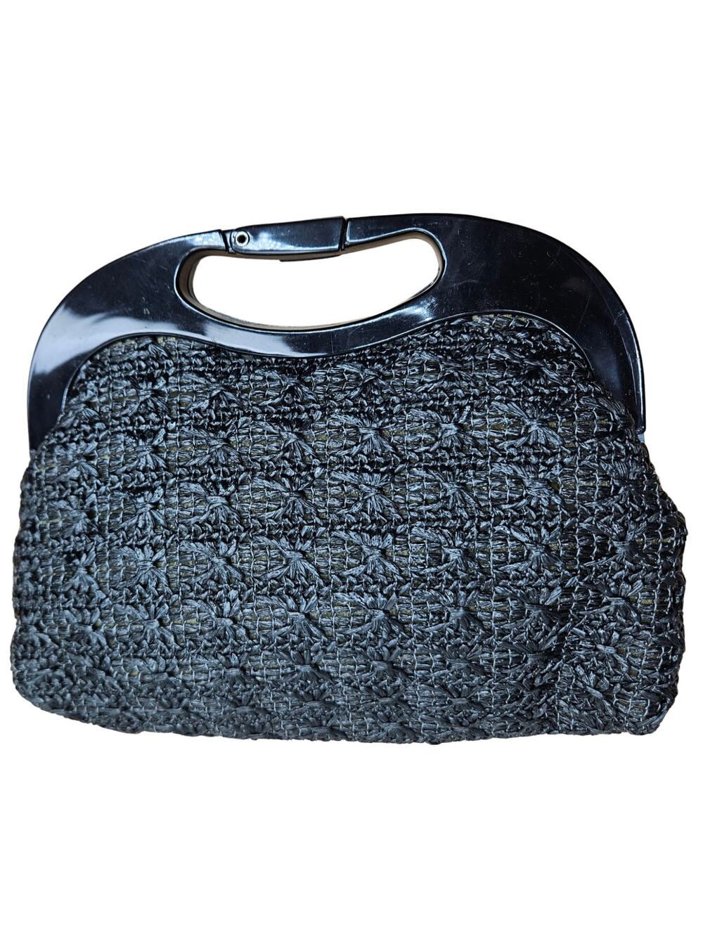 1960s Black Clutch Convertible Crossbody Woven Raffia Hand Bag Lucite Top Handle